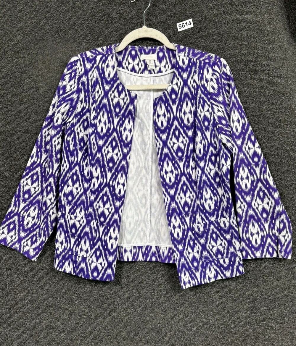 Chico's Blazer Jacket Womens Size 8 Purple White Tribal Ikat Print Office Casual
